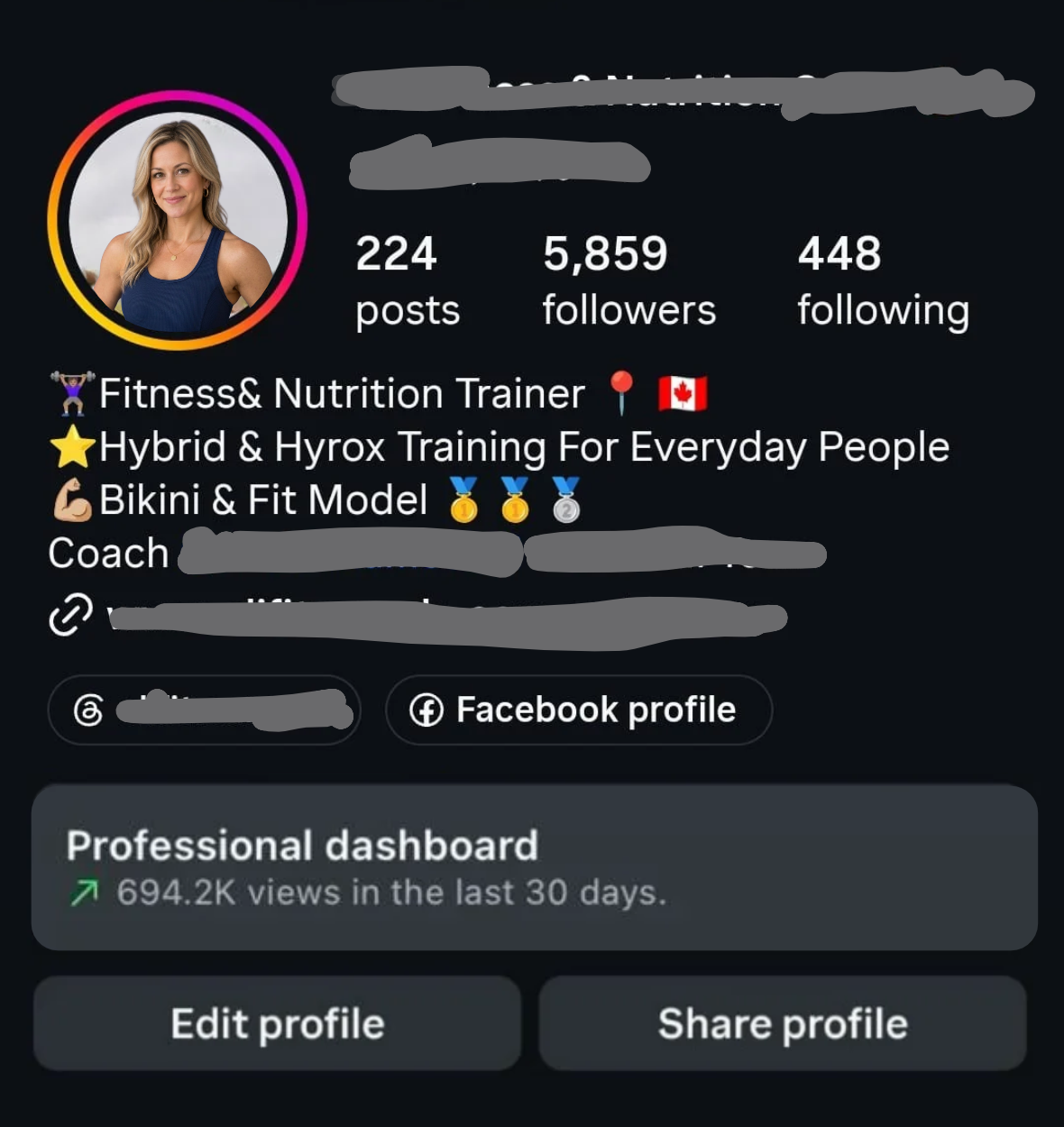Fitness & nutrition Instagram dashboard showing 694.2K views in the last 30 days