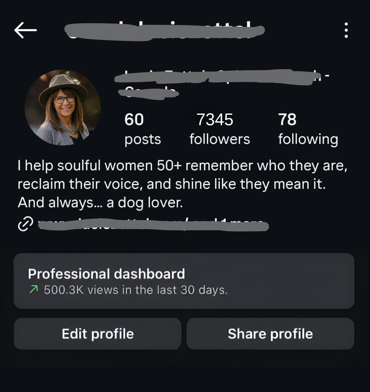 Personal coaching Instagram dashboard showing 500.3K views in the last 30 days