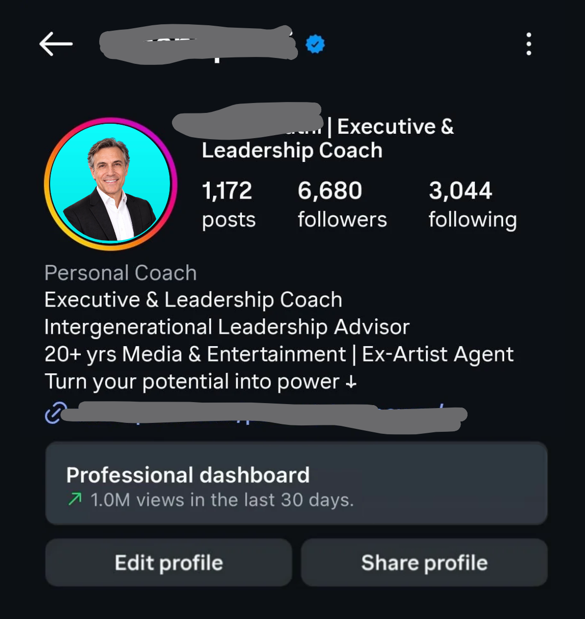 Executive & leadership coaching Instagram dashboard showing 1.0M views in the last 30 days