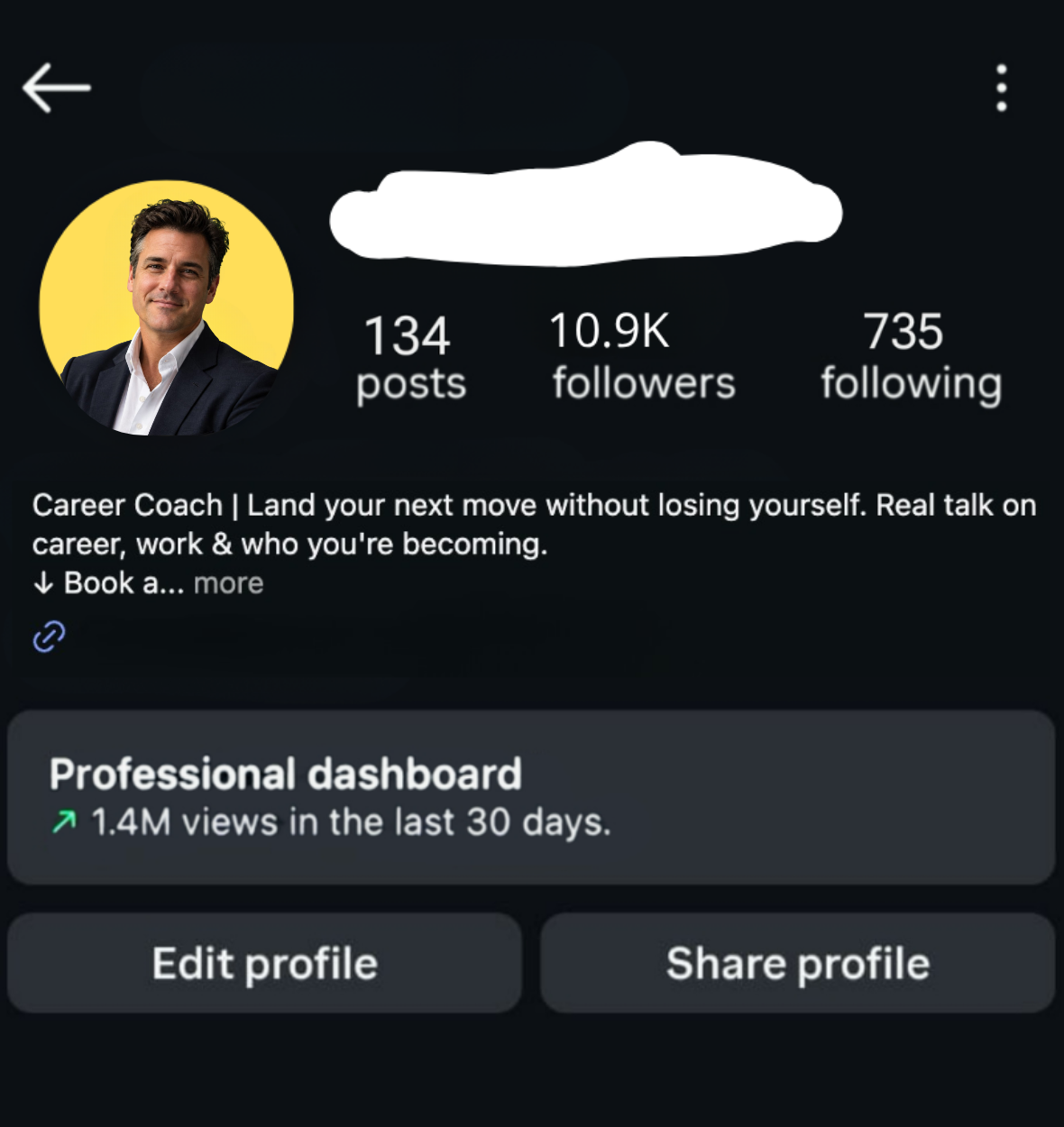 Career coaching Instagram dashboard showing 1.4M views in the last 30 days