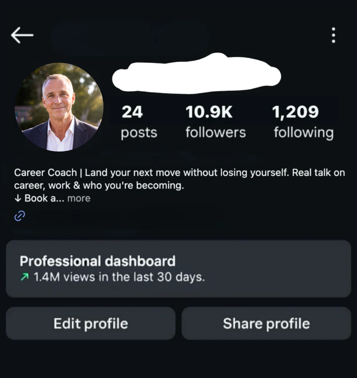 Career coach Instagram dashboard showing 1.4M views in the last 30 days