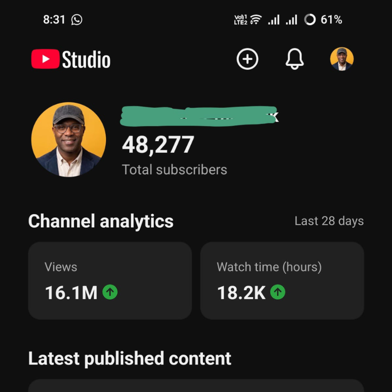 YOUTUBE analytics showing 16.1M views in 28 days